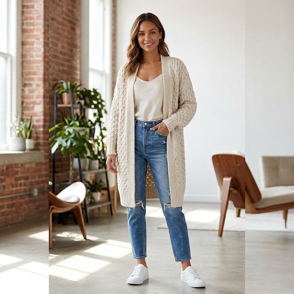 Unbranded Cardigan Women Medium Cream Excellent Cable Knit Longline Open Front